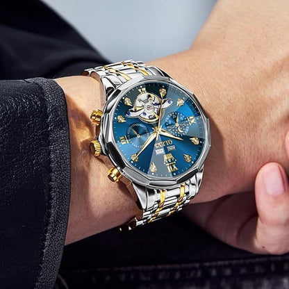 OLEVS Men's Automatic Skeleton Luxury Diamond Watch Stainless Steel
