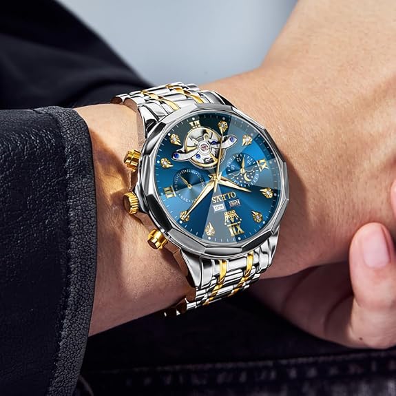 OLEVS Men's Automatic Skeleton Luxury Diamond Watch Stainless Steel