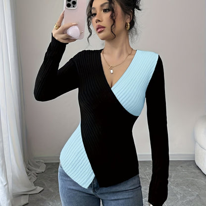 Women'S Elegant Color Block Long Sleeve T-Shirt - V-Neck, Slim Fit, & Pink, Comfortable & Stylish for Spring/Fall, Versatile Casual or Dressy Outfits, Versatile Fashion | Vneck Top | Construction, Ladies T Shirts