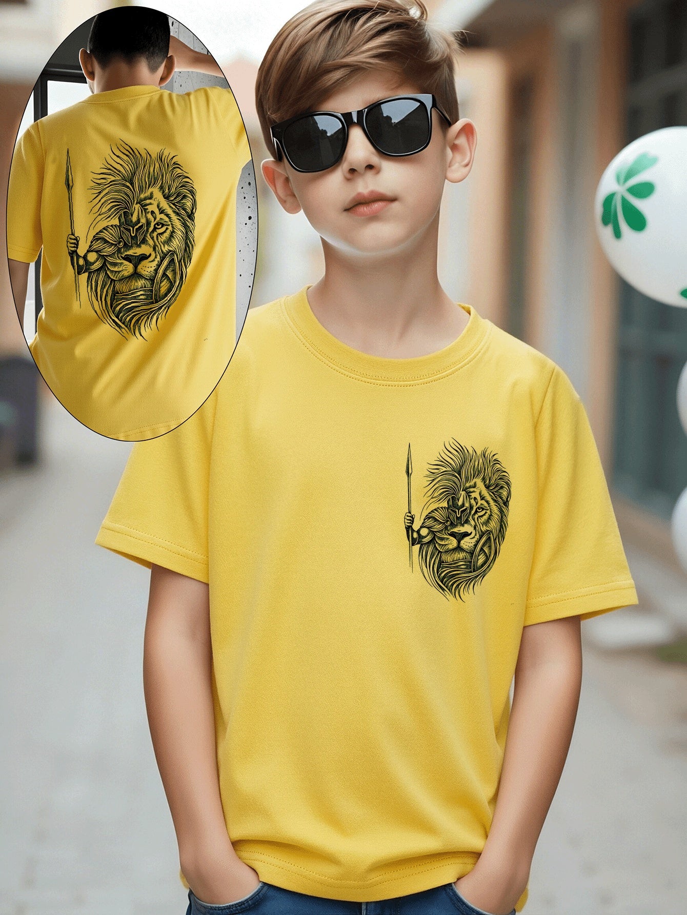 Boys' Cotton T-Shirt with Lion Warrior Print - Casual Summer Top