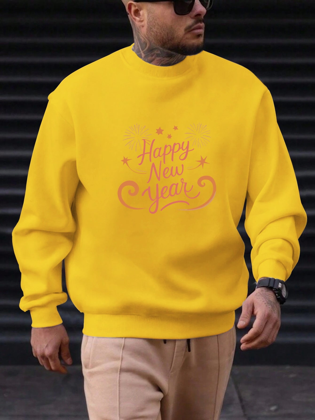 Men'S Happy New Year Sweatshirt - Light Grey with Orange Lettering - Regular Fit Crewneck Pullover for New Year'S Eve, NYE Parties & Casual Attire - Non-Permanent Celebration Sweater for Everyday & Special Occasions, New Year