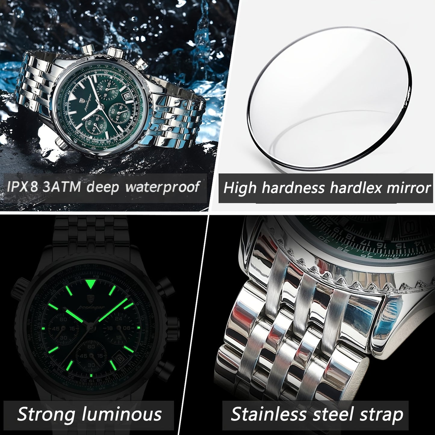 Luxury Stainless Steel Chronograph Watch with Green Dial