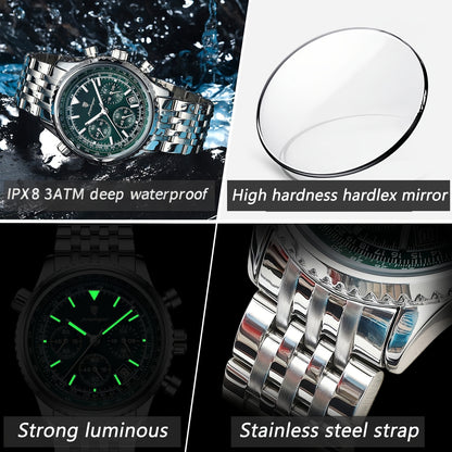 Luxury Stainless Steel Chronograph Watch with Green Dial