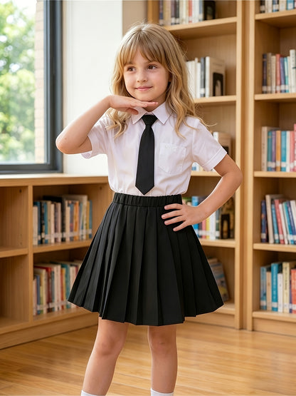 Girls' Summer Preppy Uniform Set with Pleated Skirt and Short Sleeve S
