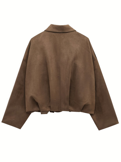 Women'S Vintage Bomber Jacket - Loose Fit Long Sleeve Zip-Up with Drop Shoulder Design, Brown Casual Outerwear for Fall/Winter, Non-Stretch Fabric, Perfect for Casual Attire, Autumn Winter Jacket | Vintage Bomber Style | Zipp