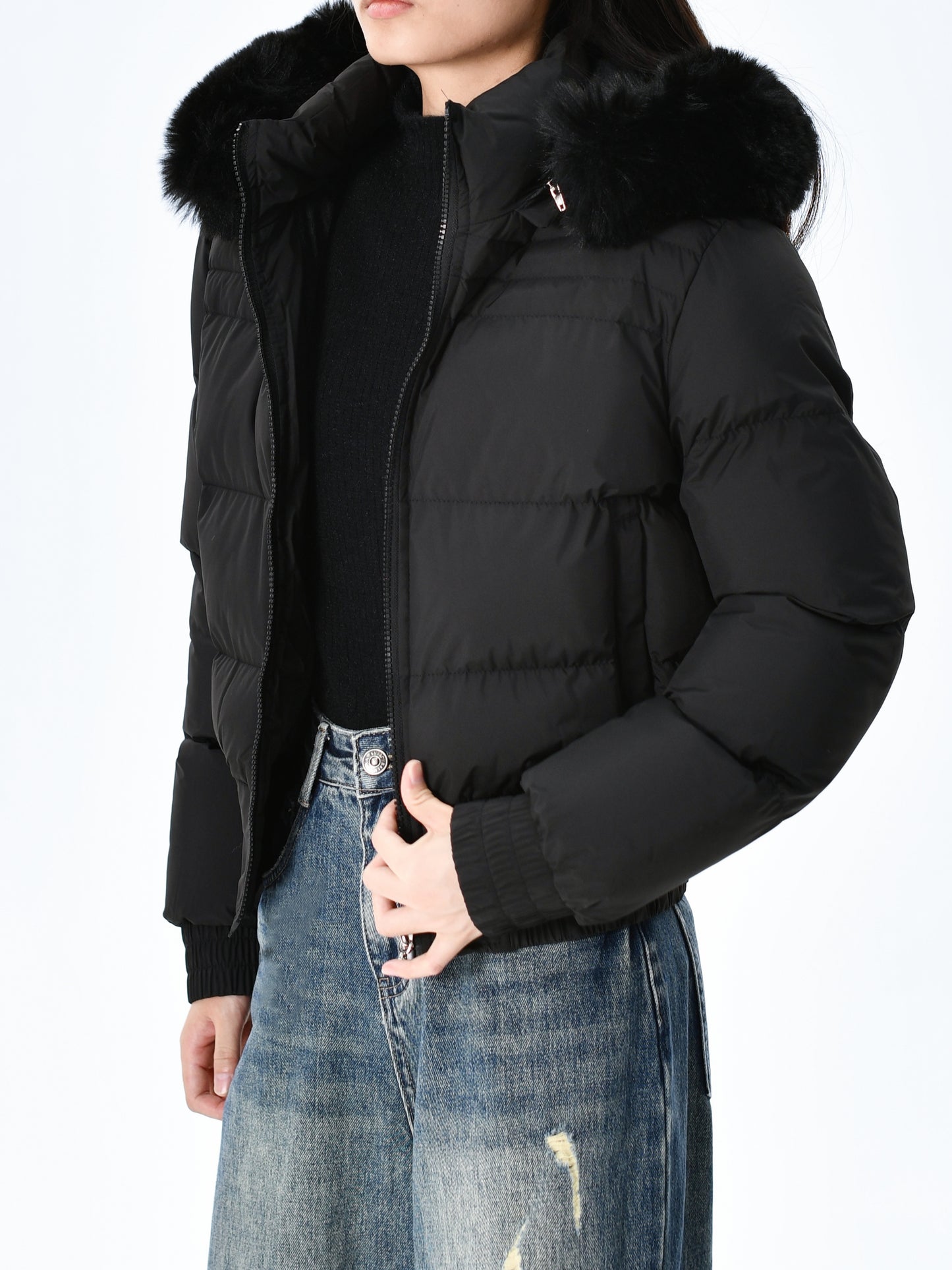 Elegant Polyester Padded Jacket for Women - 2024 Fashion Short Solid Color Coat with Thick Faux Fur Collar, Long Sleeves, Zipper Detail, Woven - Winter Warmth Casual Outerwear