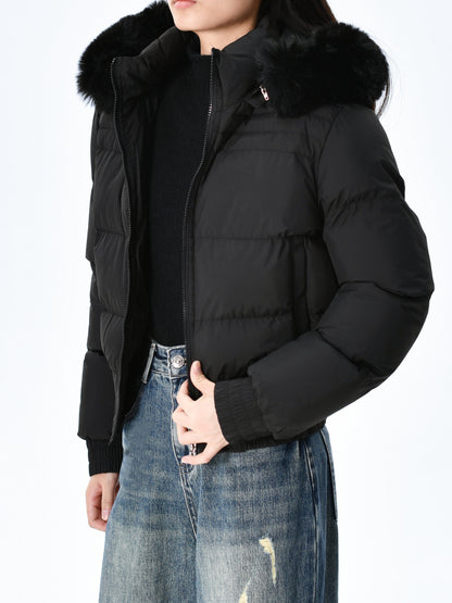 Elegant Polyester Padded Jacket for Women - 2024 Fashion Short Solid Color Coat with Thick Faux Fur Collar, Long Sleeves, Zipper Detail, Woven - Winter Warmth Casual Outerwear
