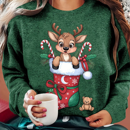 Women'S Christmas Sweater - Soft Pink Holiday Party Top with Deer in Santa Hat & Candy Cane Graphic, Cozy Long Sleeve Shirt for Christmas, New Year'S Eve, Everyday Winter Outfits - Sizes S-XXL (Extended Sizes Available) - Non