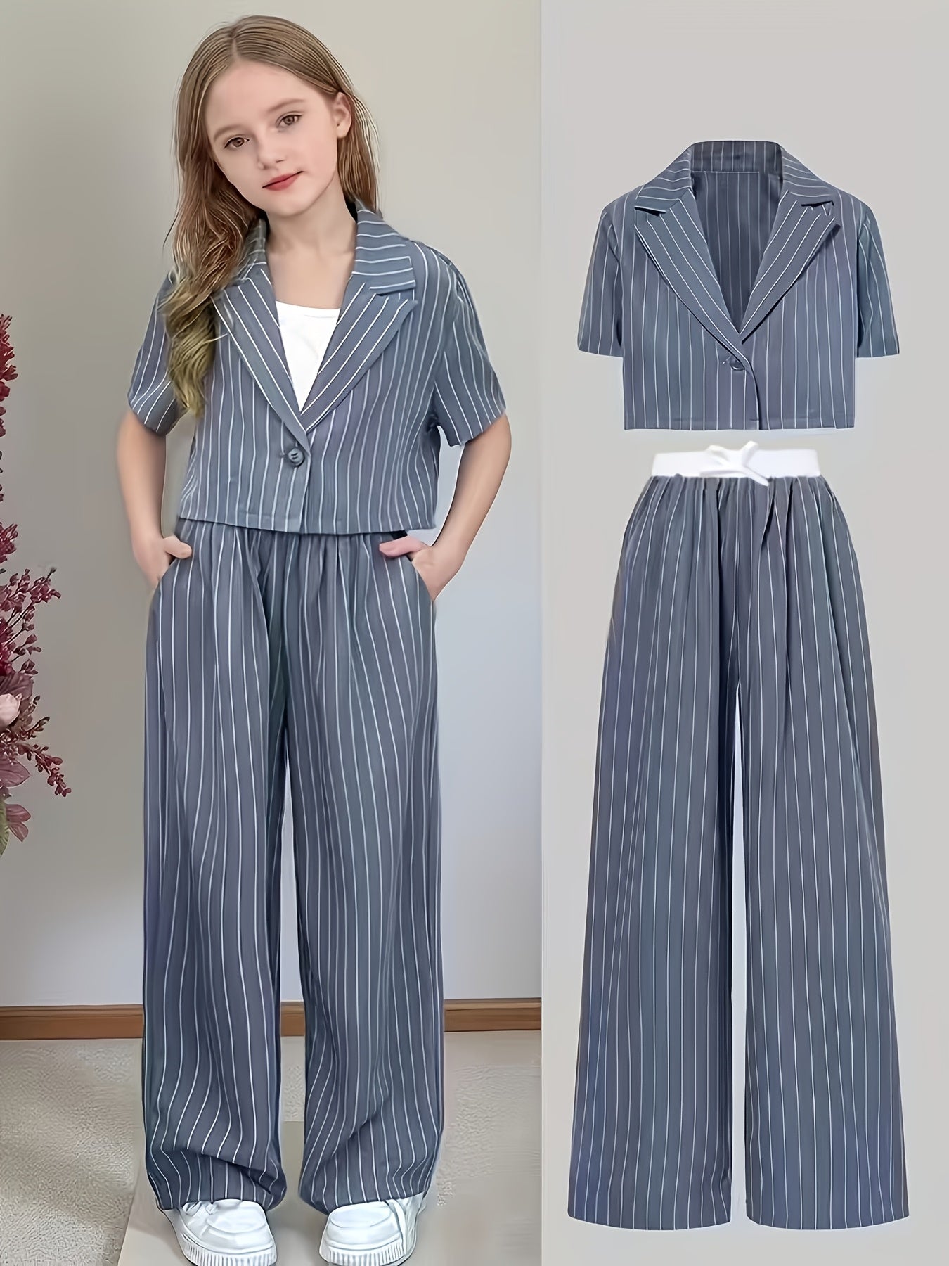 Girls' Elegant 2-Piece Striped Suit Set with Bow Detail