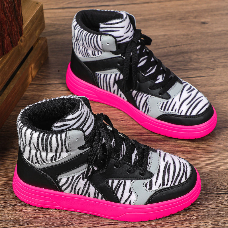 Women'S Winter Zebra Print Hiking Boots - Mid-Top Round Toe PU Cover-like Texture, Soft Comfortable Lace-Up Ankle Support, Pink Sole & Arch Support