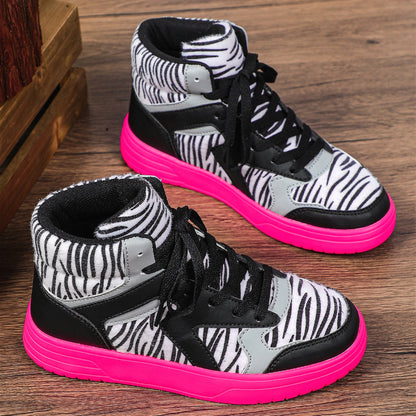Women'S Winter Zebra Print Hiking Boots - Mid-Top Round Toe PU Cover-like Texture, Soft Comfortable Lace-Up Ankle Support, Pink Sole & Arch Support