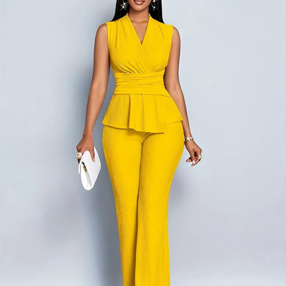 Women's Elegant V-Neck Sleeveless T-Shirt and Wide-Leg Pants Two-Piece Set, Asymmetrical Hem Casual Spring/Summer Outfit