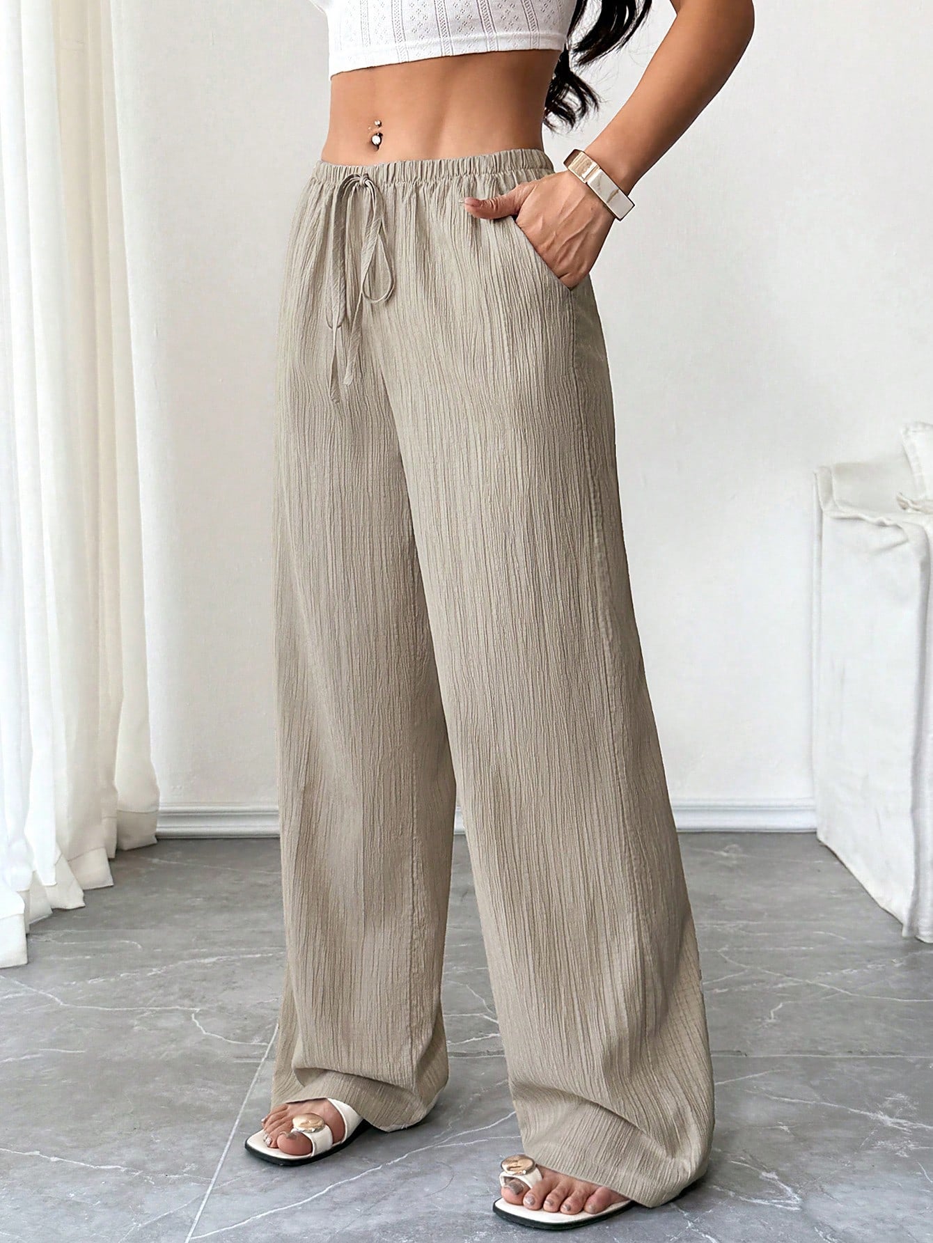 Women's High-Waisted Wide Leg Belted Pants for Spring Summer