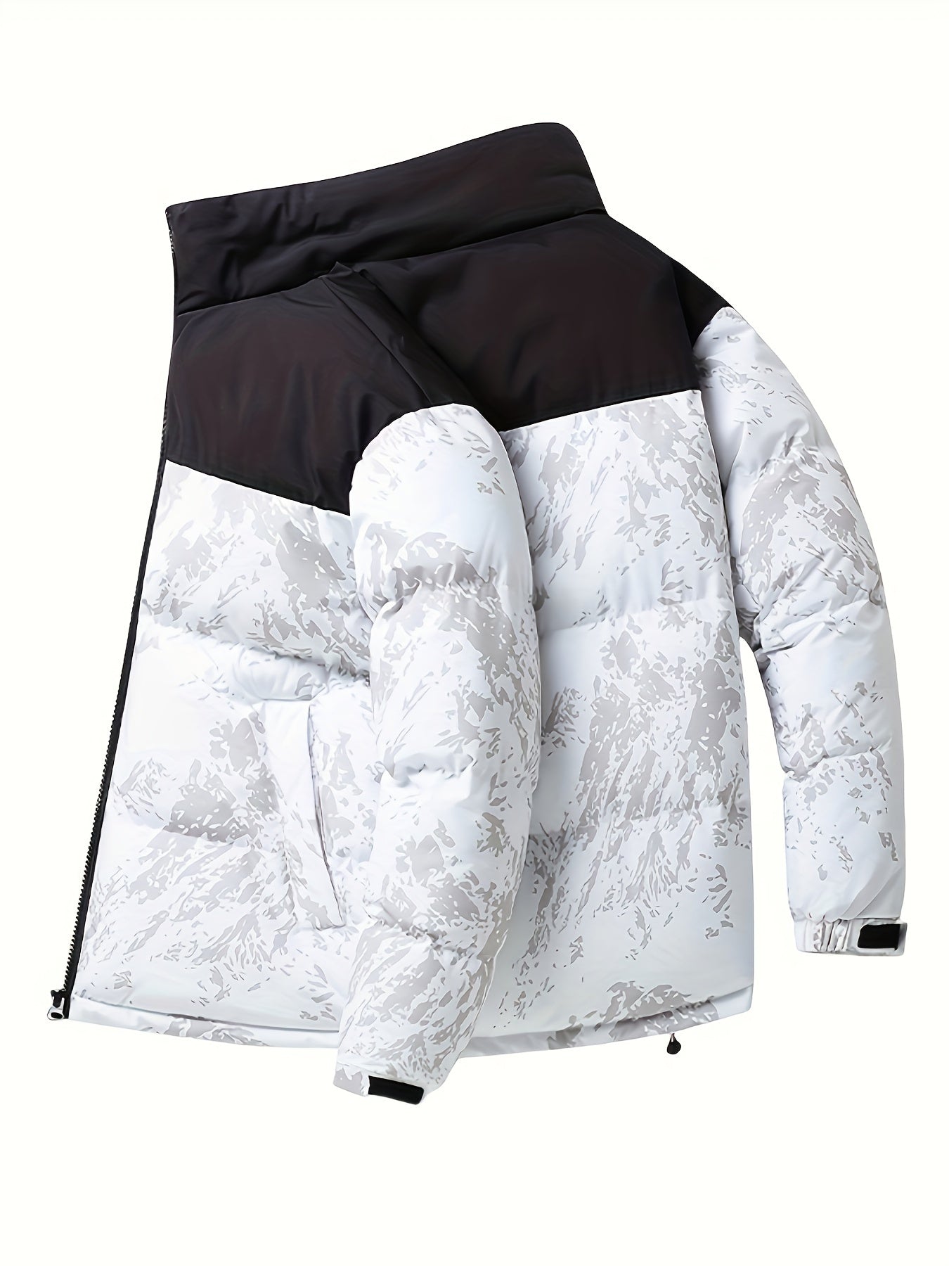 Men's Winter Jacket Windproof Coat with Stand Collar & Camo Marbled Pattern (Black/White/Grey) - Thickened Padded, Full-Zip Closure, for Skiing,, Outdoor Activities - Cold Weather Survival