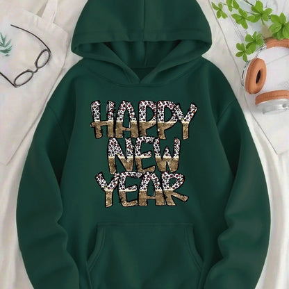 Women'S Green Hooded Sweatshirt with Happy New Year Lettering & Golden Glitter Print - Cozy Fleece-Lined Hooded Pullover, Long Sleeve Casual Winter Sweater for Everyday &, New Year'S Eve Outfits, Sweater Hoodie, Comfortable C