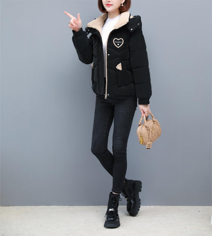 Women's Winter Hooded Jacket - Stylish Beige & White Zip-Up Coat with Heart Design, Warm Polyester Outerwear for Casual or Chic Looks, Winter Jacket