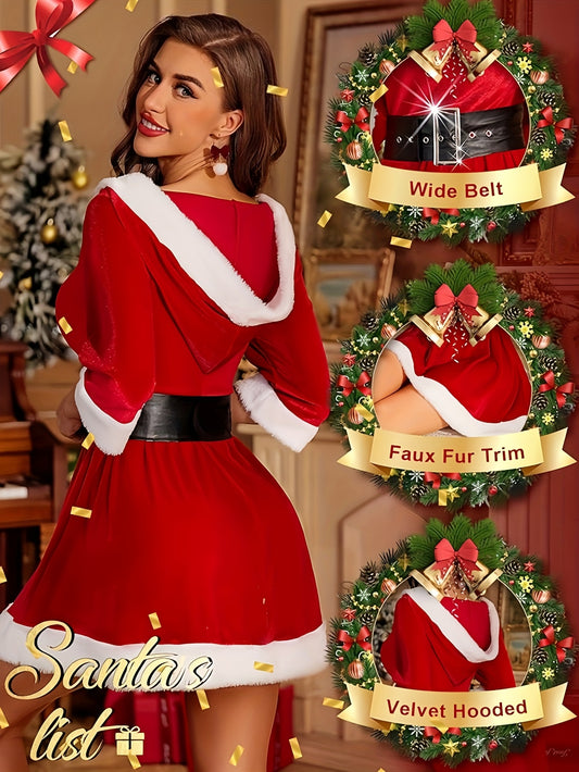 Sexy Slim-Fit Red Deep V Hooded Midi Dress for Christmas | Puffy Princess Mini Skirt, Waist-Cinching Party Outfit, Christmas Costume, Holiday Party Dress, Performance Attire, Hooded Short Dress with Black Belt Contrast, White