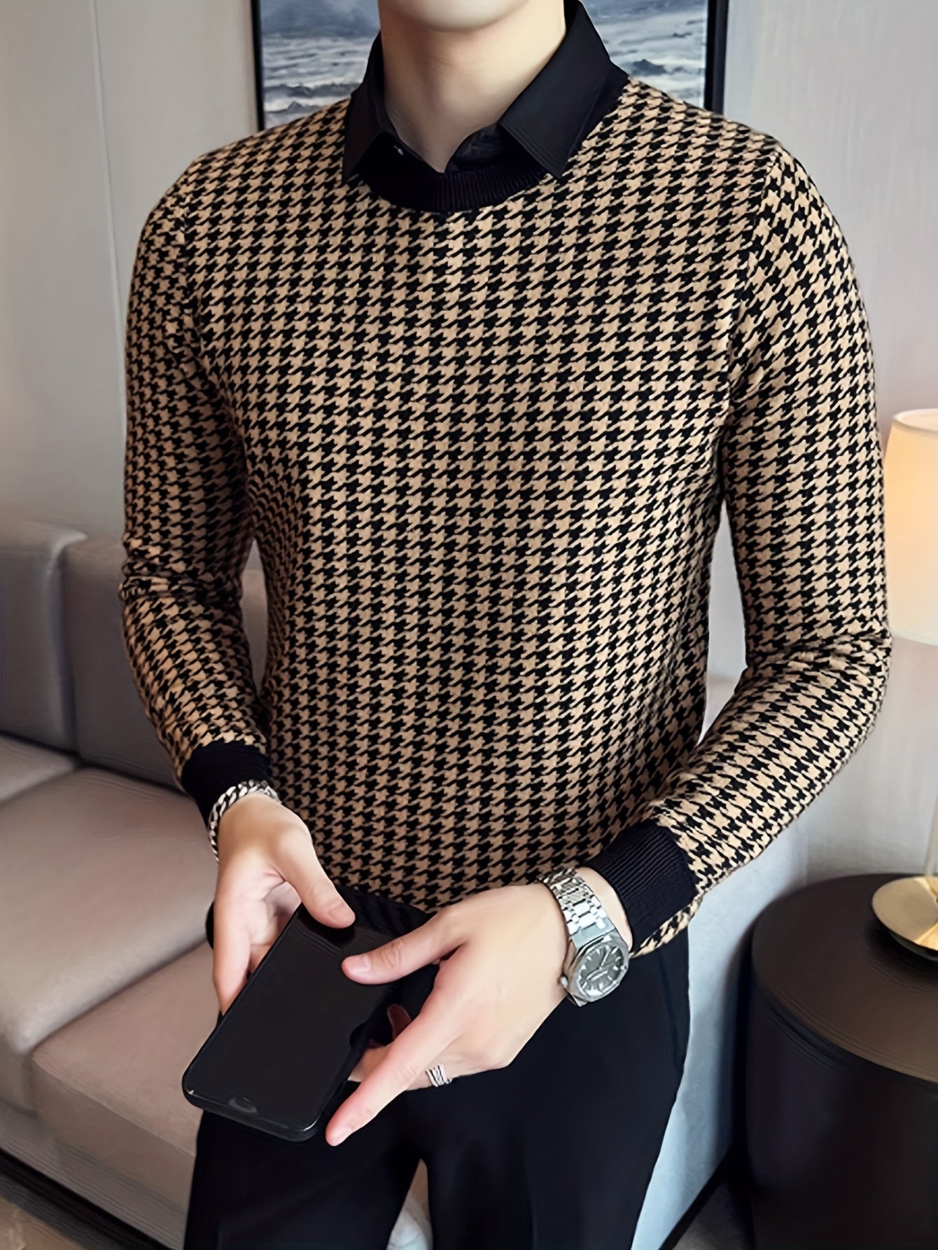 New Men'S Houndstooth Color-Blocked Sweater, Casual Pullover with Round Neck And Long Sleeves, Knit