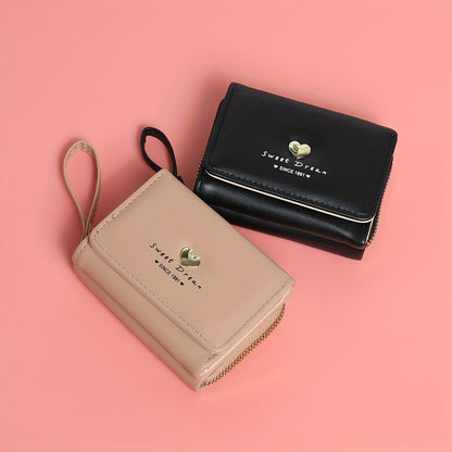 New Women'S Short Wallet, Cute Korean-Style Heart-Shaped, Large Capacity with Multiple Card Slots, Trendy Tri-Fold Design.