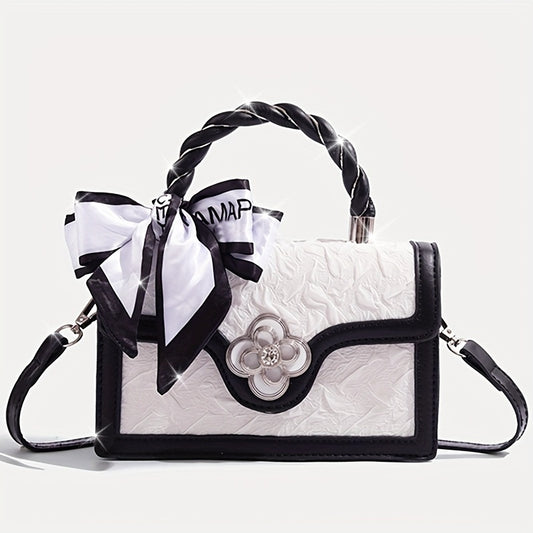 Chic Retro Square Crossbody Bag for Women - White Synthetic with Black Accents, Adjustable Strap & Metal Buckle Closure, Elegant Handbag for Commuting, Casual Outings & Everyday Use, Small Crossbody Bag