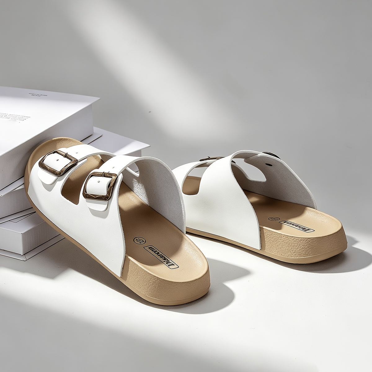 Unisex Retro Slide Sandals with Metal Buckle, Casual Double Strap
