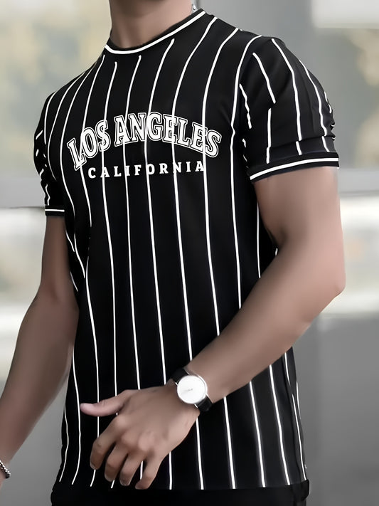 Men's Los Angeles California Graphic T-Shirt - Black  White Striped Casual Streetwear Tee, Breathable Summer Crew Neck Short Sleeve Top, Regular Fit, Everyday Streetwear   Smooth Texture Fabric
