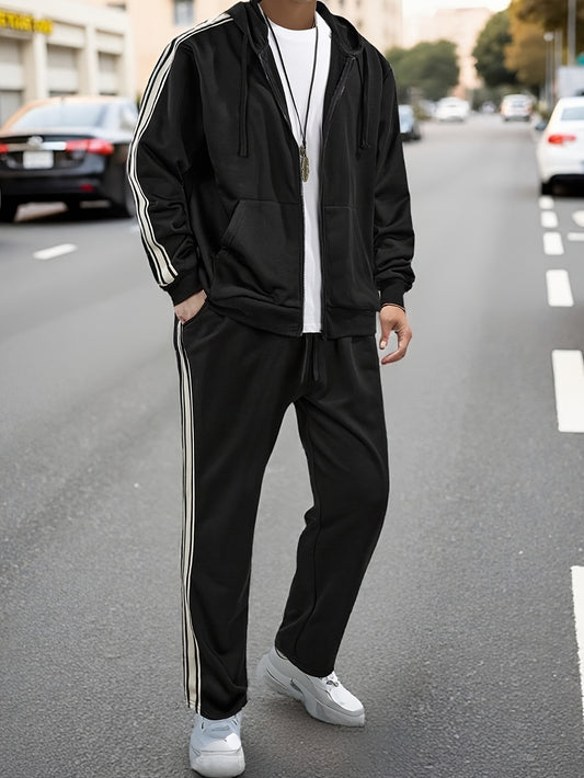 New Cross-Border Casual Sportswear Set of 2pcs, Hooded Zipper Cardigan Jacket Is Easy And Easy to Match, Side Striped Sweatpants Hide Meat And Show Long Legs, Daily Commute, Full of Comfort, Black Main Tone + Side Stripes