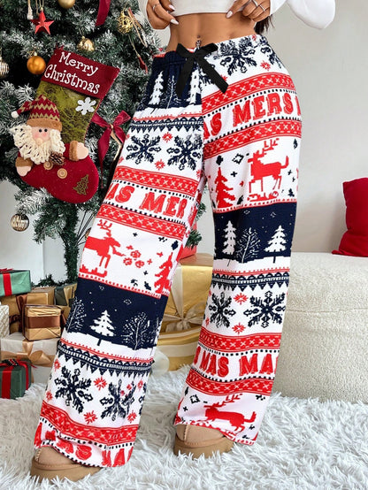 Women'S Winter Warmth Pants - Cozy Fleece-Lined Wide-Leg Trousers with Elastic Waist & Cuffed Hem, Red & Snowflake & Reindeer Print, Bohemian Style For Cold Weather, Winter Pants, Cold Weather Apparel, Soft Fabric Trousers, L