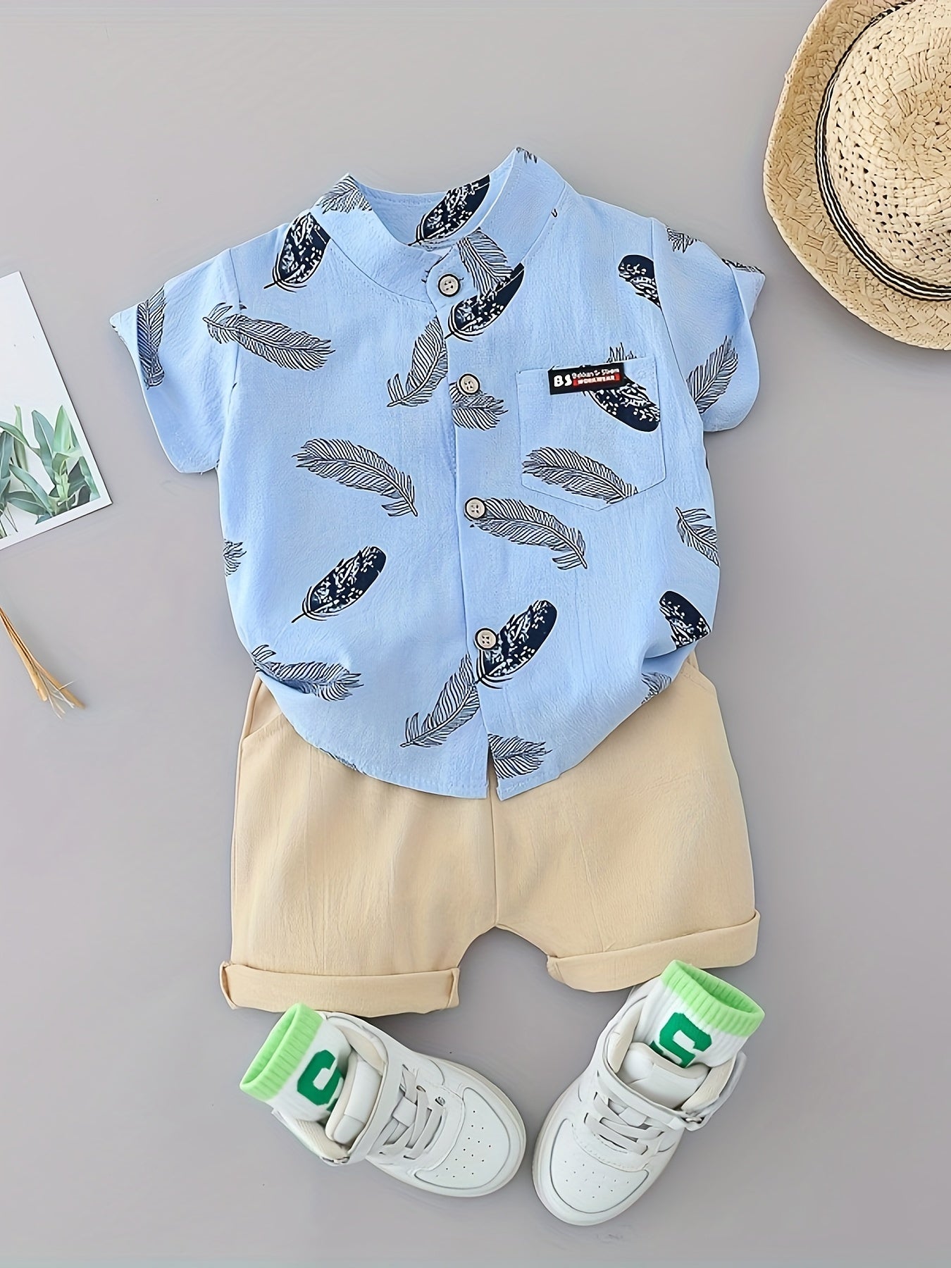 Toddler Summer Cotton Feather Print Shirt & Shorts Set
