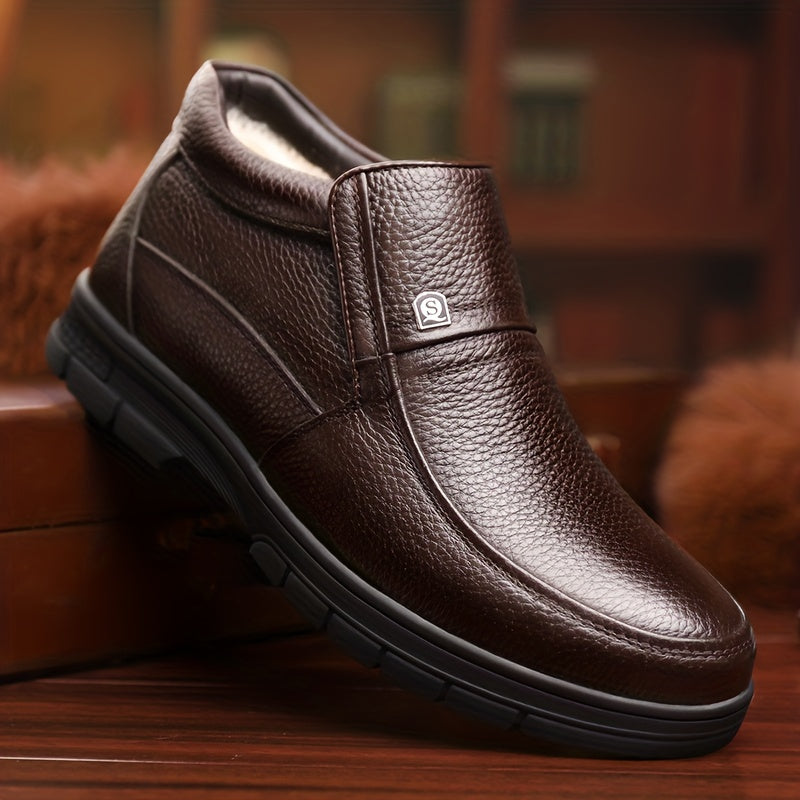 Genuine Leather 2025 Snow Boots Shoes Top Layer Cowhide Men's Boots Winter New Fashion Versatile Litchi Pattern Soft Leather Thick Sole Warm Shoes -Lined Work Boots Inner Filling with Cold Resistant Warmth, Warmth Locking Pow