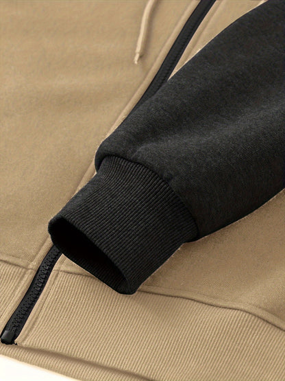 Men'S Casual Sports Hoodie Two-Piece Set with a Color-Blocked Design, Featuring a Zip And Drawstring Waist, Suitable for Jogging in All Seasons