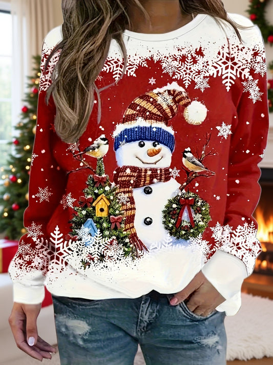 Women'S Christmas Sweater - Red & White Holiday Sweater with Snowman, Cozy Fall/Winter Pullover for Christmas Party, Family Gathering, Everyday Winter Outfits - Elegant Holiday Sweater for Women, Christmas Clothes, Festive Pa