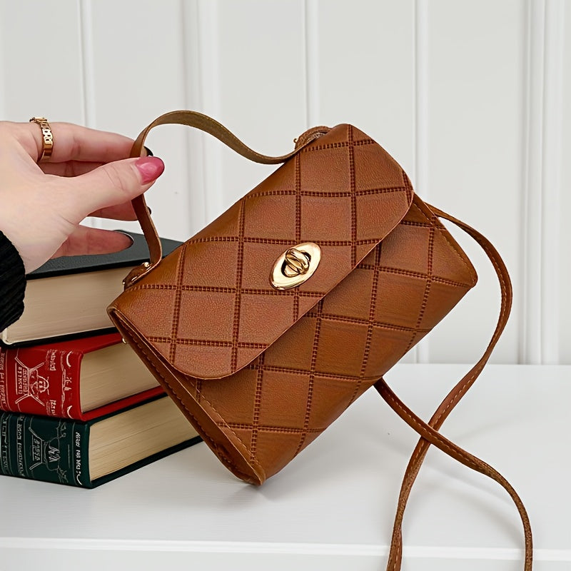 Women'S Stylish Crossbody Bag - a Chic Solid Color Shoulder Bag Featuring a Twist Lock Closure Design, Adjustable Strap with Golden Accents, Available in Patterns, And Comes in Black, Red, Pink, Brown