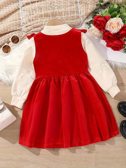 2pcs Girls' Winter Dress & Smock Dress Set - Elegant Bow & Ruffled Umbrella Outfit, 2pcs Blouse Dress with Round Neck Long Sleeve Dress for, Christmas Parties & Casual Attire - to (Hand Washable), Perfect for Outdoor