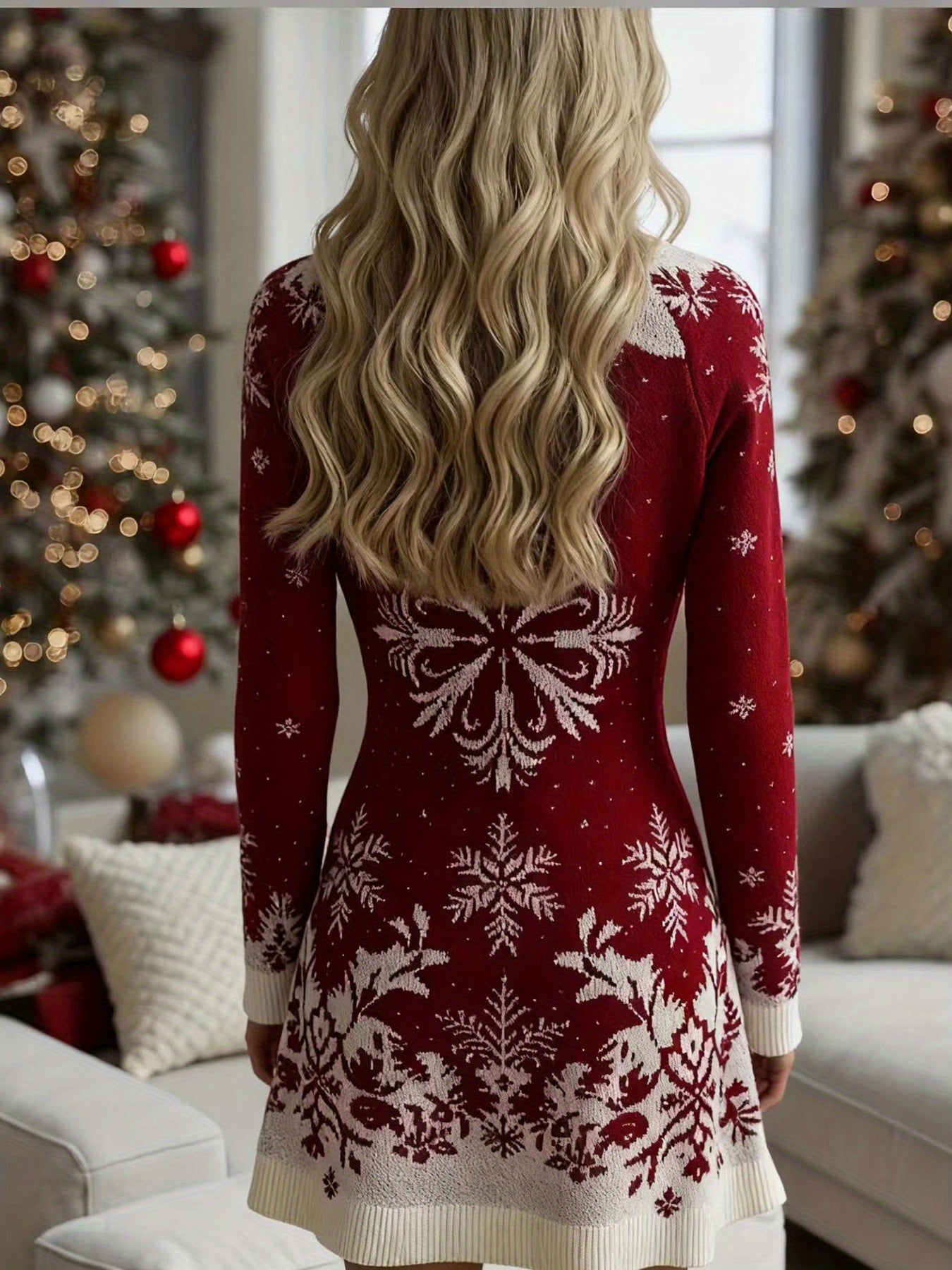 Women's Elegant Christmas Party Dress Red Snow Color Long Sleeve Round Neck Fitted Bodice & Flowy Winter Wedding Guest Gown Holiday Formal Dress