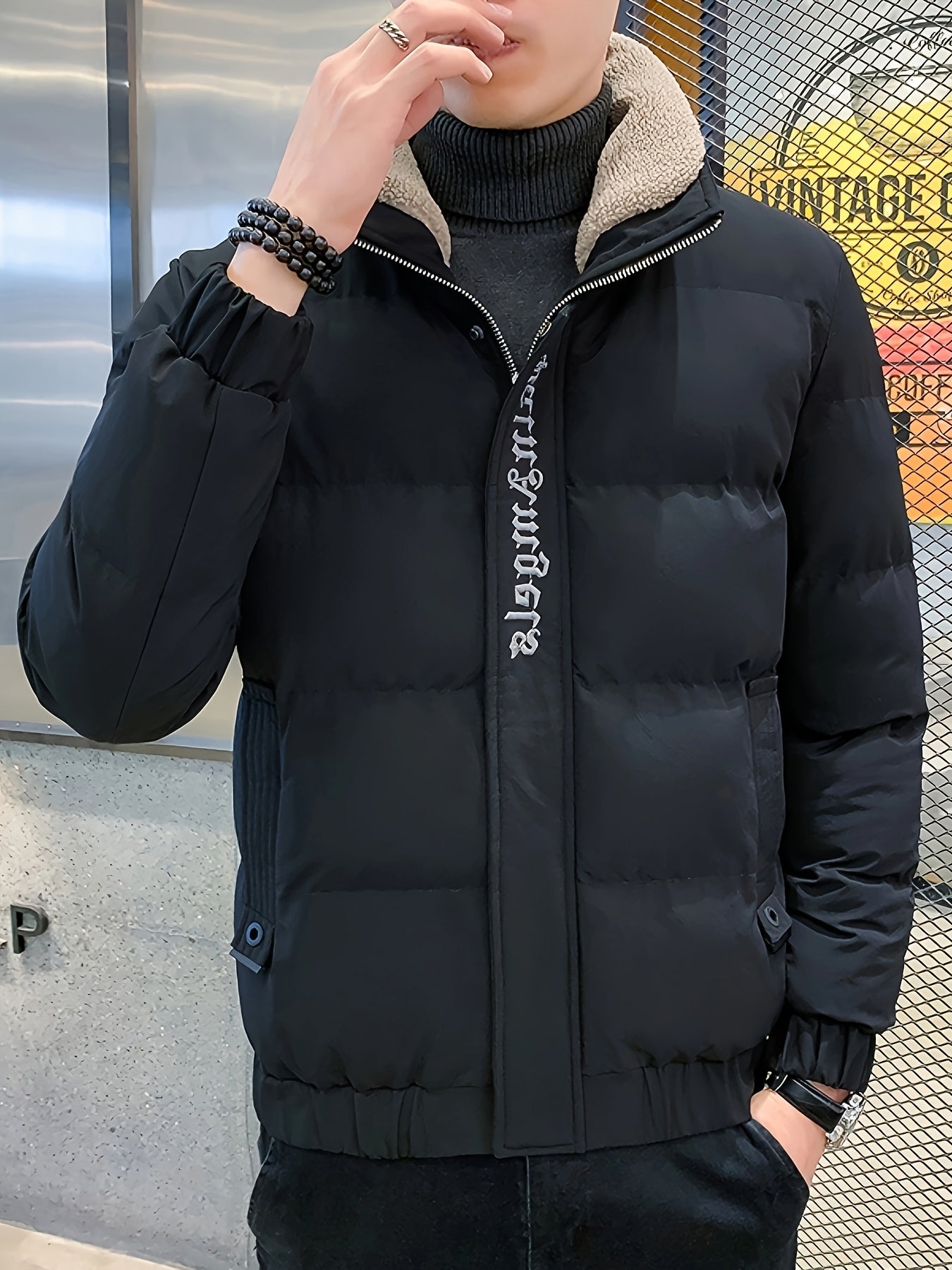 Men's Winter Jacket - Thick, Warm & Stylish with Zippered Cuffs and Pockets, Black, Casual Loose Fit for Cold Weather, Winter Clothes