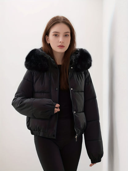 Women'S Winter Coat with Removable Faux Fur Hood - Thickened Loose Fit Long Sleeve Jacket, Zippered Pockets & Button Front, Casual Solid Color Outerwear for Cold Weather, Cozy Warmth, Buttoned Closure, Durable Fabric