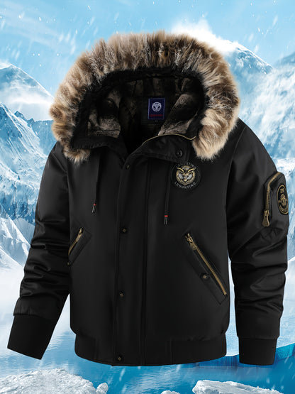 Men's Winter Coat - New Warm Hooded Jacket with Golden Print Accents, Loose Fit Casual Outerwear for Cold Weather, Machine Washable, Thick Comfort Plush Lining
