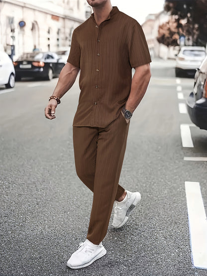 Men's New Trendy Textured Wave Stripe Short Sleeve Long Pants Casual Suit
