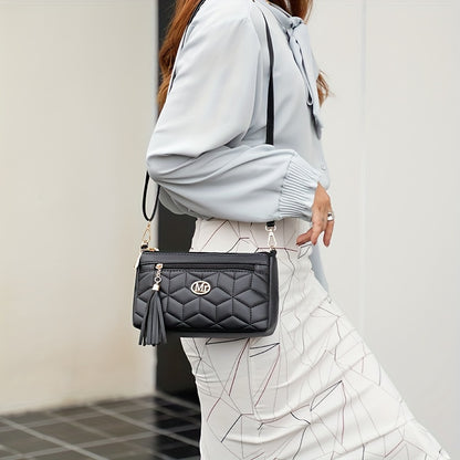 Quilted Women'S Crossbody Bag with Large Capacity, Casual Shoulder Bag Featuring Tassel Decorations, Multiple Zip Openings, And Adjustable Shoulder Strap