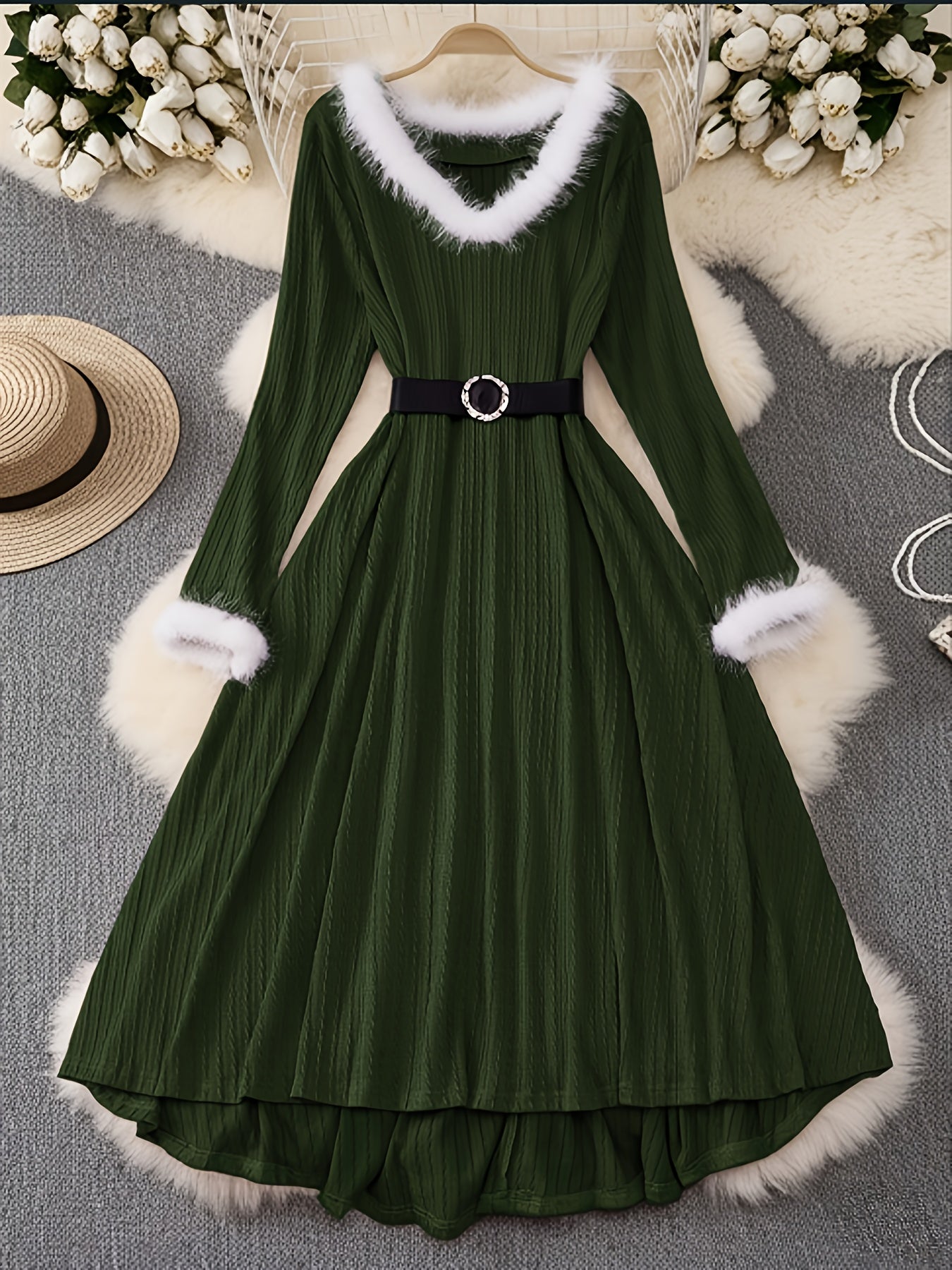 Plus Size - Plus Size, Women'S Elegant Formal Party Dress - Long Sleeve V-Neck with Adjustable Waist Belt, Flared Skirt - Elegant Evening Gown for Christmas, Galas, Weddings - Plus Size Friendly - Black Formal Attire, Formal