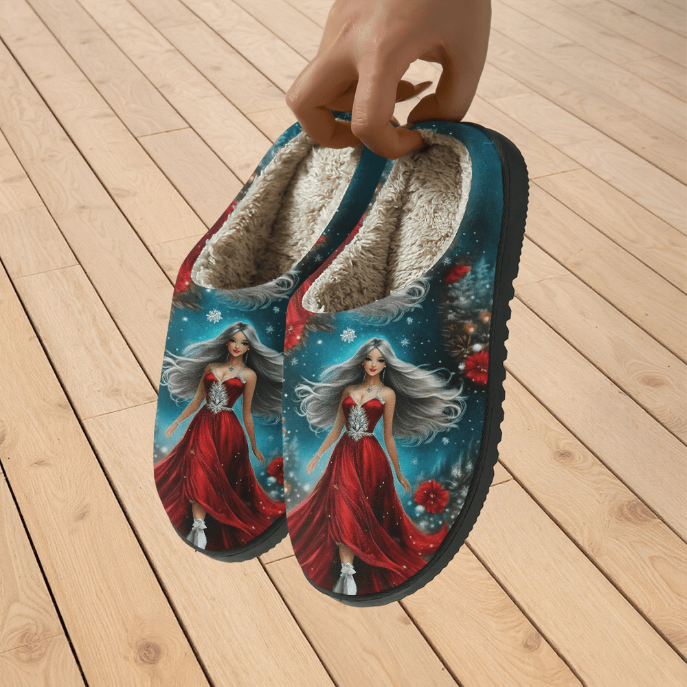 Women's Red Slippers with Red Dress Print - Winter Warm Soft Sole Slip-On Moccasins Suitable for Winter Parties, Christmas & New Year's Eve - Comfortable /Outdoor Footwear, European Style Fabric Upper & TPR Sole