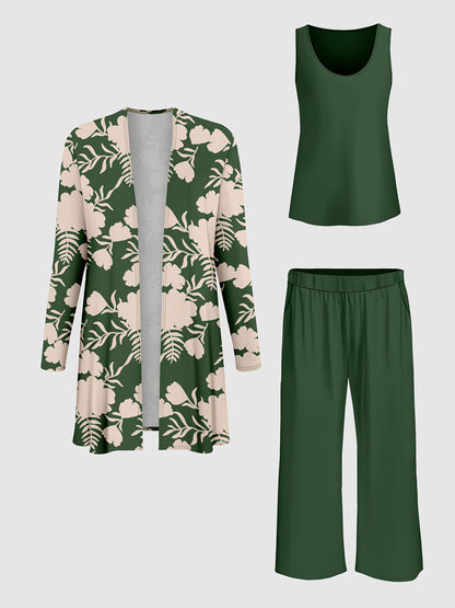 Plus Size, A three-piece set of Women's plus-size elegant floral print top and solid-color vest pants