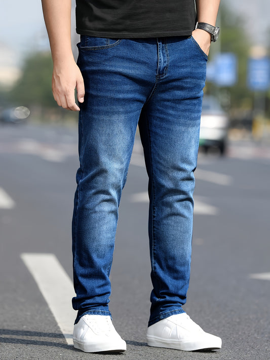 Men's Washed Jeans - Solid Color Casual Straight-Look Pants, Machine-Washable All-Season Fit for Casual Attire & Smart-Casual Outfits (Regular Length)