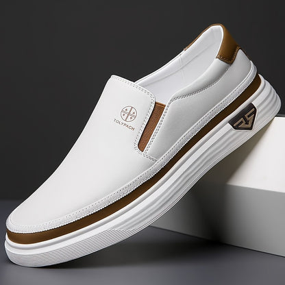 Men's Stylish Slip-On Loafers - Soft Upper, Non-Slip Rubber Sole, White with Brown & Golden Accents, Comfortable for Everyday Casual Wear, Vacation Shoes | Decorative Stitching | Synthetic Shoes, Dressy Shoes