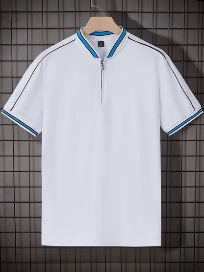 [T-Shirt] Men's Summer Casual Short Sleeve T-Shirt - Breathable Mesh Crew Neck Henley Style Zip Placket, Breathable Fabric, Dry Cleanable Regular Fit Outdoor & Casual Attire, Loose Style, Zip Front Design, Easy Care, Zip Shir - ayq