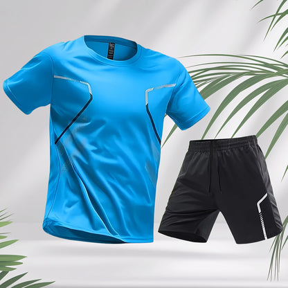 2pcs Men's Running Sportswear Set Summer Ice Sliky Fiber Fabric Quick-Dry Sweat-Absorbent Fitness Casual Short Sleeve Shorts Outfit
