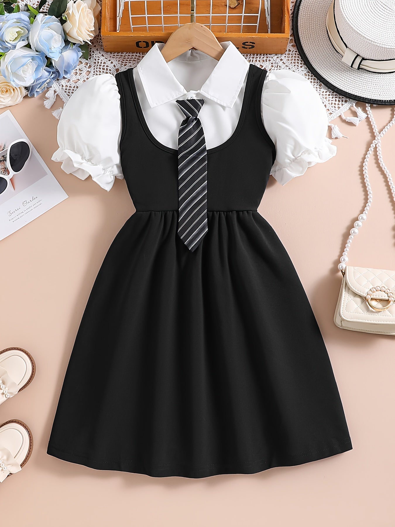 Girls' Preppy Campus Style Suspender Dress with Puff Sleeve Shirt