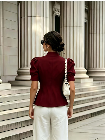 Elegant Women's Solid Color Puff Sleeve Short Jacket - ayq