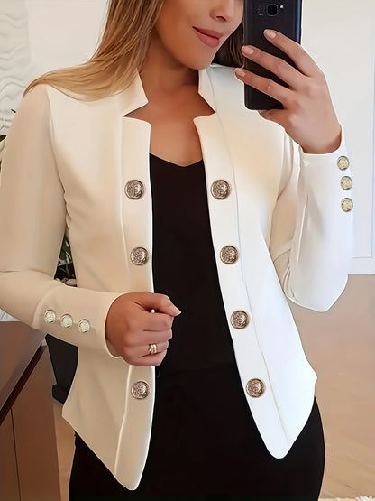 Plus Size, Women's Navy Blue Double-Breasted Blazer - Elegant Long Jacket with Button Front Closure, Machine Washable Office & Party Coat for Women, Formal Everyday Chic Outerwear, Spring Fashion, Classic Silhouette, Structur